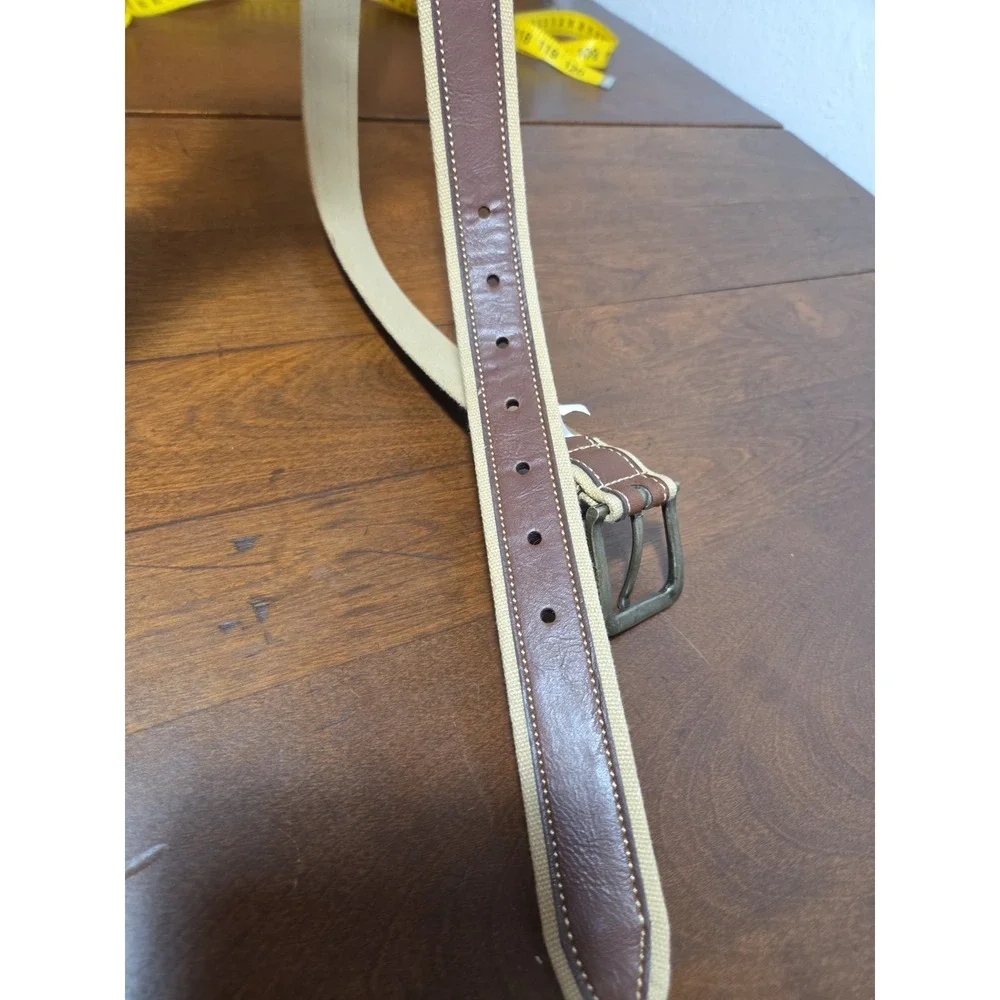 Mens 100% Cotton & Leather Belt Size Xl Brown Tan Brass Buckle